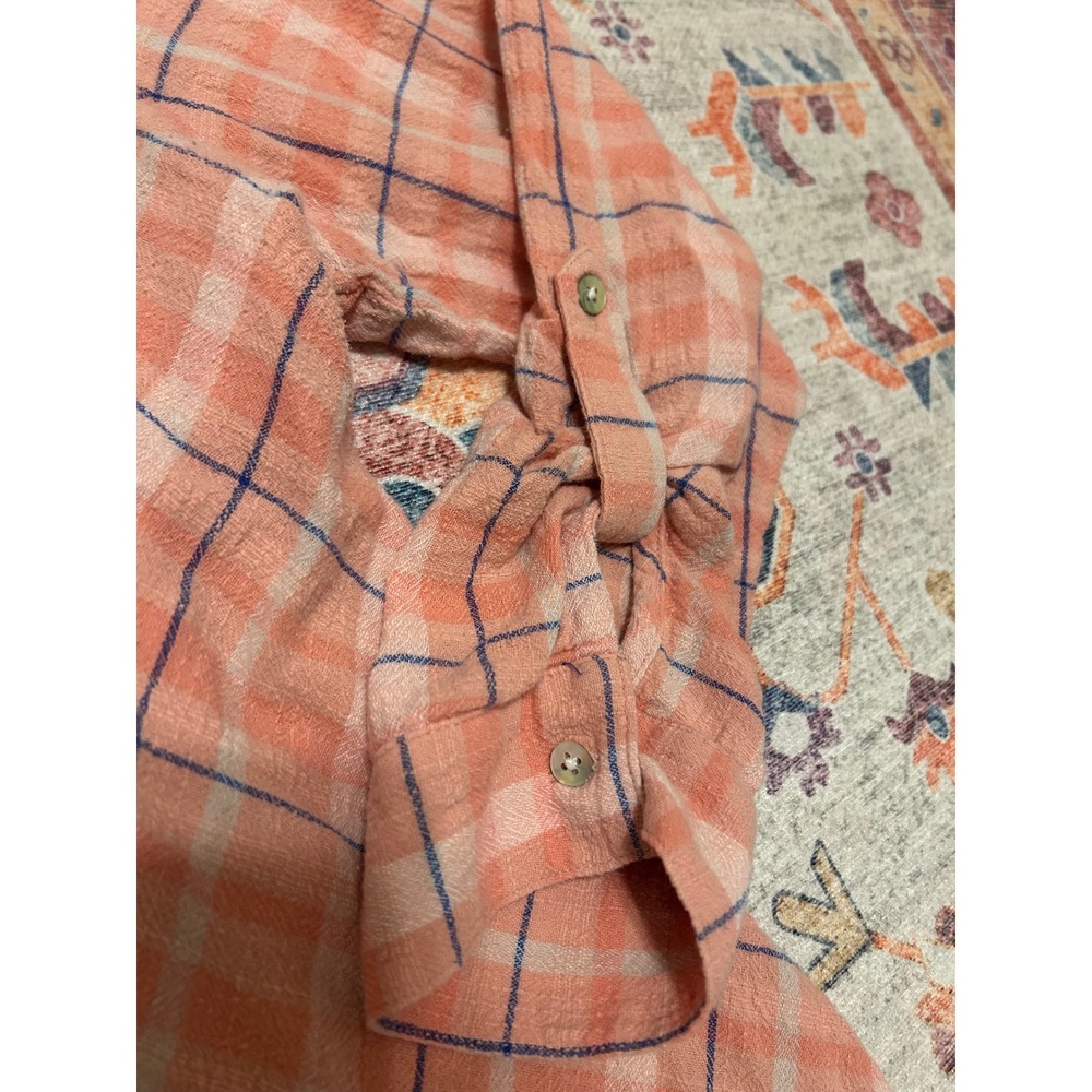Soft Surroundings 2X Pink Peach Vneck tunic cotton plaid Lagen beach cottage top - Picture 5 of 9